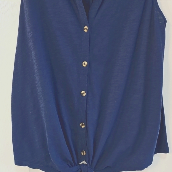 Time & Tru Sleeveless Button-Up Top W Bottom Tie Navy XL EUC - Picture 3 of 9
